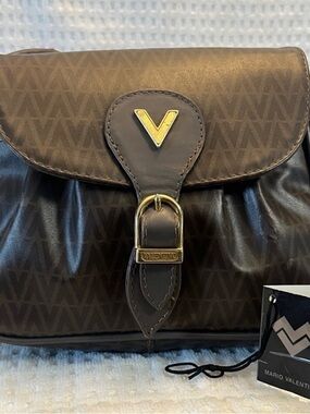 Mario Valentino Brown Logo-Pattern Shoulder Bag with Gold V Emblem